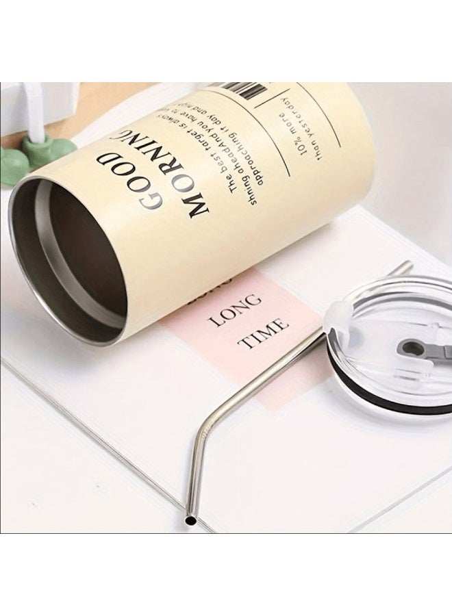 كوب قهوة محمول مزدوج الطبقات من الفولاذ المقاوم للصدأ معزول بالفراغ - 600 مل مع ماصة وغطاء بجدار مزدوج معزول للسفر والتخييم للمشروبات الباردة والساخنة -بيج - Image 4